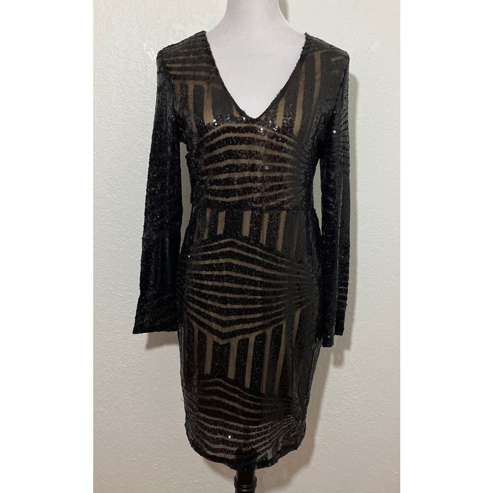 Miss Ord Brown Sequins Dress Large Long Sleeve Lined Geometric Design Formal